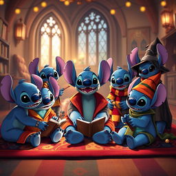 A whimsical scene featuring multiple Stitch characters from Lilo & Stitch, each wearing different outfits inspired by the Harry Potter universe, sitting together on a colorful rug