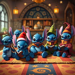 A whimsical scene featuring multiple Stitch characters from Lilo & Stitch, each wearing different outfits inspired by the Harry Potter universe, sitting together on a colorful rug