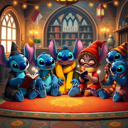 A whimsical scene featuring multiple Stitch characters from Lilo & Stitch, each wearing different outfits inspired by the Harry Potter universe, sitting together on a colorful rug