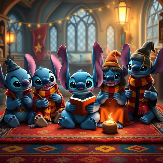 A whimsical scene featuring multiple Stitch characters from Lilo & Stitch, each wearing different outfits inspired by the Harry Potter universe, sitting together on a colorful rug