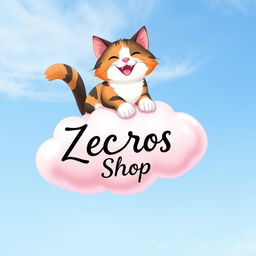 A whimsical pink cloud gently floating in a bright blue sky, featuring a joyful Calico cat perched on top of the cloud