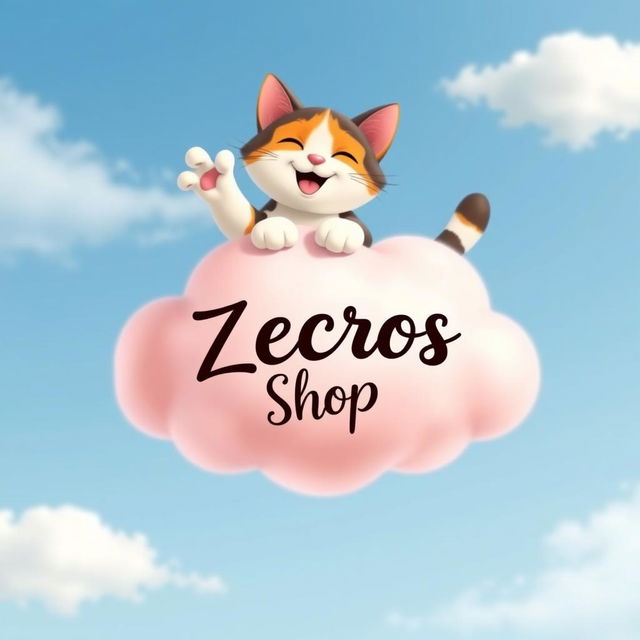 A whimsical pink cloud gently floating in a bright blue sky, featuring a joyful Calico cat perched on top of the cloud