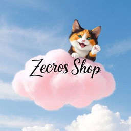 A whimsical pink cloud gently floating in a bright blue sky, featuring a joyful Calico cat perched on top of the cloud