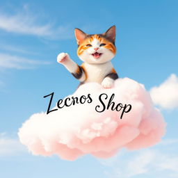 A whimsical pink cloud gently floating in a bright blue sky, featuring a joyful Calico cat perched on top of the cloud