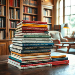A visually striking collection of various textbooks stacked neatly on a wooden library table