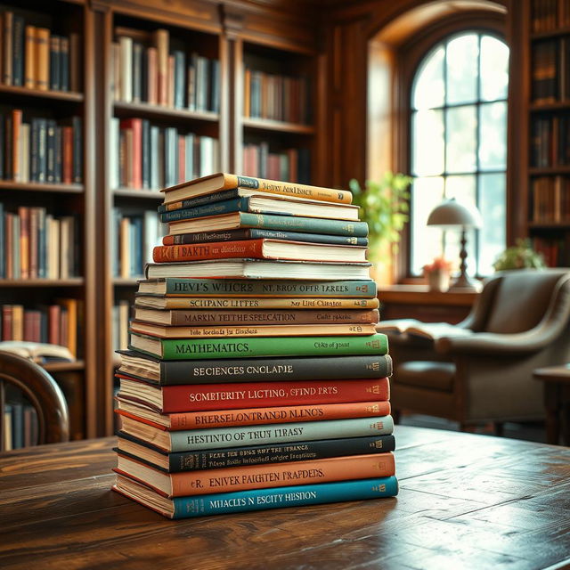 A visually striking collection of various textbooks stacked neatly on a wooden library table