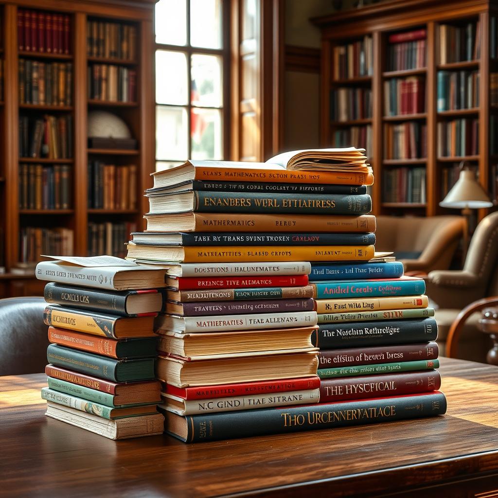 A visually striking collection of various textbooks stacked neatly on a wooden library table