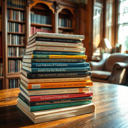 A visually striking collection of various textbooks stacked neatly on a wooden library table