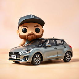 A Funko Pop figure of a 30-year-old muscular man wearing a cap and sporting a beard, featuring bold and exaggerated proportions typical of Funko Pop designs