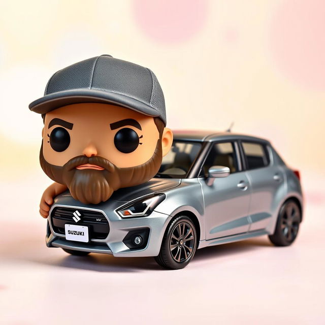 A Funko Pop figure of a 30-year-old muscular man wearing a cap and sporting a beard, featuring bold and exaggerated proportions typical of Funko Pop designs