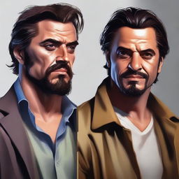 A high-quality, realistic digital painting featuring Antonio DeLuca and Antonio Groveboy, hypothetical characters, depicted in contrasting styles that highlight their distinct personalities