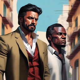 A high-quality, realistic digital painting featuring Antonio DeLuca and Antonio Groveboy, hypothetical characters, depicted in contrasting styles that highlight their distinct personalities