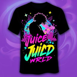A vibrant and artistic t-shirt design inspired by Juice WRLD, featuring a silhouette of the artist in a dynamic pose, surrounded by abstract elements representing his music style
