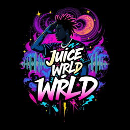 A vibrant and artistic t-shirt design inspired by Juice WRLD, featuring a silhouette of the artist in a dynamic pose, surrounded by abstract elements representing his music style
