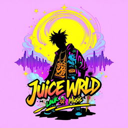 A vibrant and artistic t-shirt design inspired by Juice WRLD, featuring a silhouette of the artist in a dynamic pose, surrounded by abstract elements representing his music style