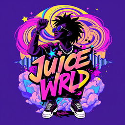 A vibrant and artistic t-shirt design inspired by Juice WRLD, featuring a silhouette of the artist in a dynamic pose, surrounded by abstract elements representing his music style