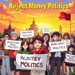 An artistic anime poster depicting the concept of rejecting money politics in Indonesia