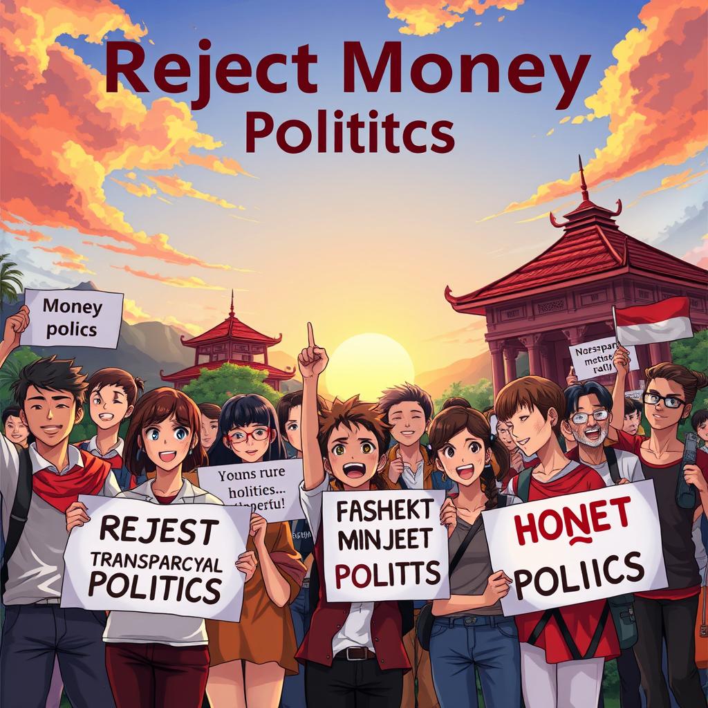 An artistic anime poster depicting the concept of rejecting money politics in Indonesia