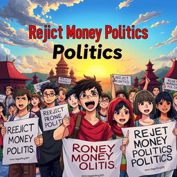 An artistic anime poster depicting the concept of rejecting money politics in Indonesia