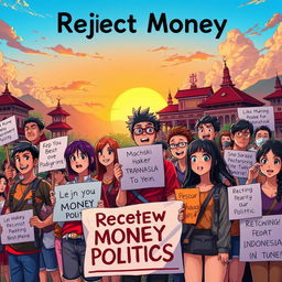 An artistic anime poster depicting the concept of rejecting money politics in Indonesia