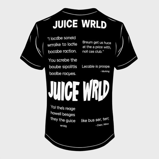 A minimalistic design for a Juice WRLD themed shirt featuring impactful quotes in bold, clean typography