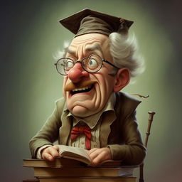 Generate a humorous caricature of an 'intellectual yet idiot' character, depicting a person with scholarly attire but amusingly foolish actions or expressions.