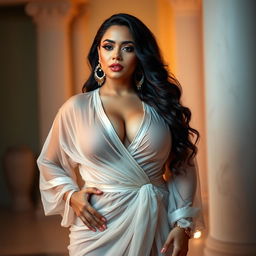 A curvy slim Egyptian woman with a beautifully sexy face and fuller figure, elegantly draped in a luxurious transparent robe that accentuates her deep cleavage and narrow tummy