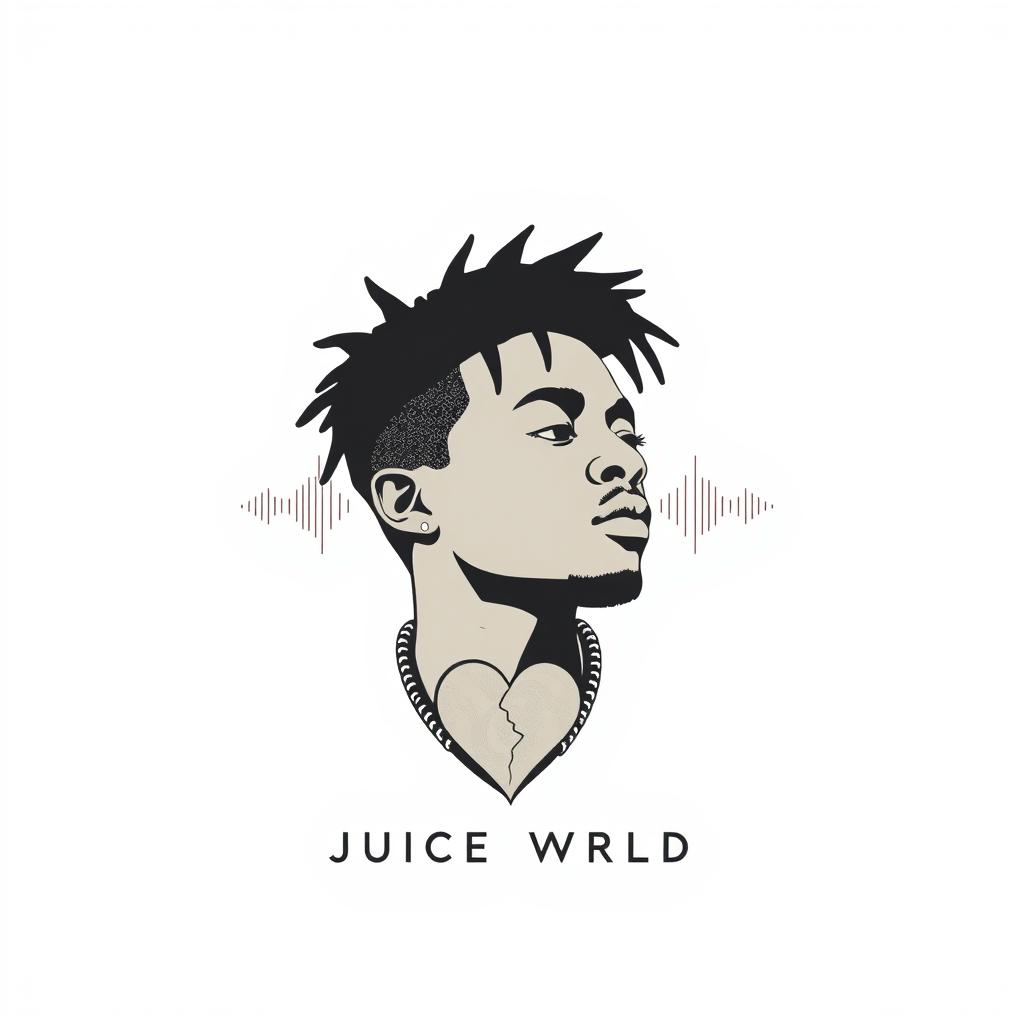 A minimalist t-shirt design featuring Juice WRLD against a white background