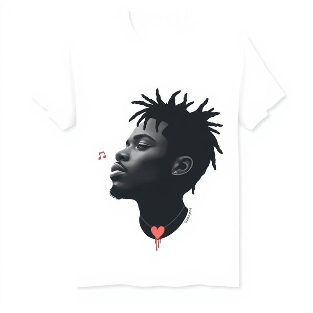 A minimalist t-shirt design featuring Juice WRLD against a white background