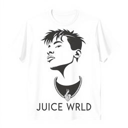 A minimalist t-shirt design featuring Juice WRLD against a white background