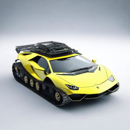 A high-quality 3D render of a Lamborghini transformed into a tank, with the vehicle retaining the sleek profile of the sports car but featuring caterpillar tracks and a modified suspension system