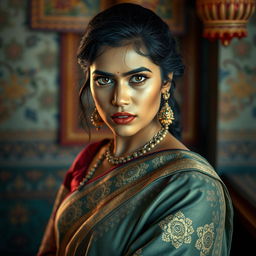A striking visualization focusing on a powerful and confident Indian woman, showcasing her prominent features and captivating presence
