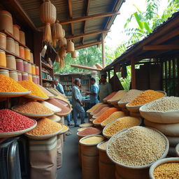 A vibrant scene of a Millet shop in Subarnarekha, showcasing a variety of colorful millets and grains displayed in rustic baskets and sacks