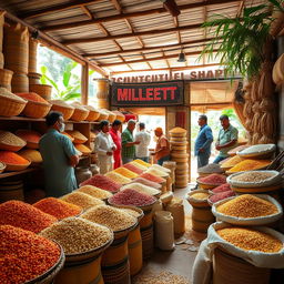 A vibrant scene of a Millet shop in Subarnarekha, showcasing a variety of colorful millets and grains displayed in rustic baskets and sacks