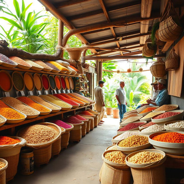 A vibrant scene of a Millet shop in Subarnarekha, showcasing a variety of colorful millets and grains displayed in rustic baskets and sacks