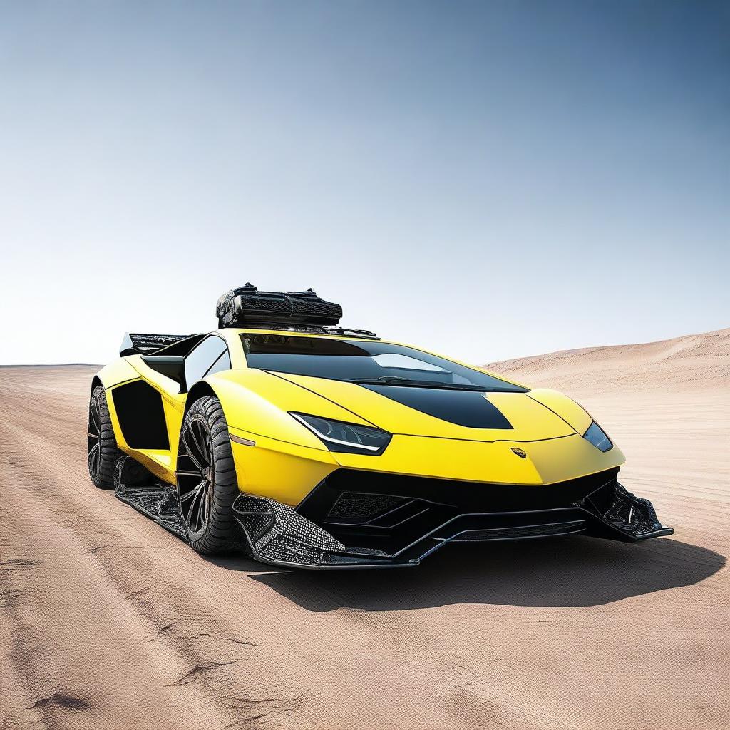 A high-quality 3D render of a Lamborghini transformed into a tank, with the vehicle retaining the sleek profile of the sports car but featuring caterpillar tracks and a modified suspension system