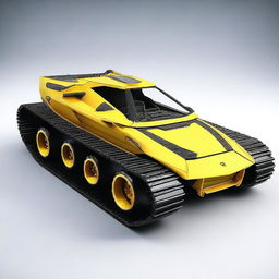 A high-quality 3D render of a Lamborghini transformed into a tank, with the vehicle retaining the sleek profile of the sports car but featuring caterpillar tracks and a modified suspension system