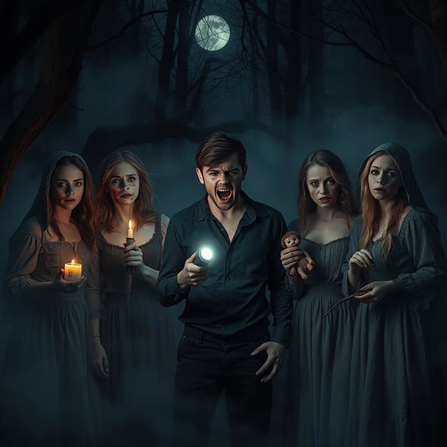 A dark and eerie scene inspired by a horror movie, set in a desolate forest at night, shrouded in dense fog that envelops the atmosphere