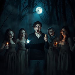 A dark and eerie scene inspired by a horror movie, set in a desolate forest at night, shrouded in dense fog that envelops the atmosphere
