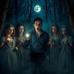 A dark and eerie scene inspired by a horror movie, set in a desolate forest at night, shrouded in dense fog that envelops the atmosphere