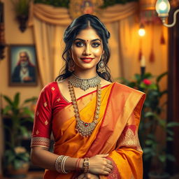 An artistic portrayal of a traditional Indian woman exuding confidence and grace, dressed in a fashionable yet culturally inspired outfit that creatively blends modern and traditional elements