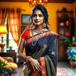 An artistic portrayal of a traditional Indian woman exuding confidence and grace, dressed in a fashionable yet culturally inspired outfit that creatively blends modern and traditional elements