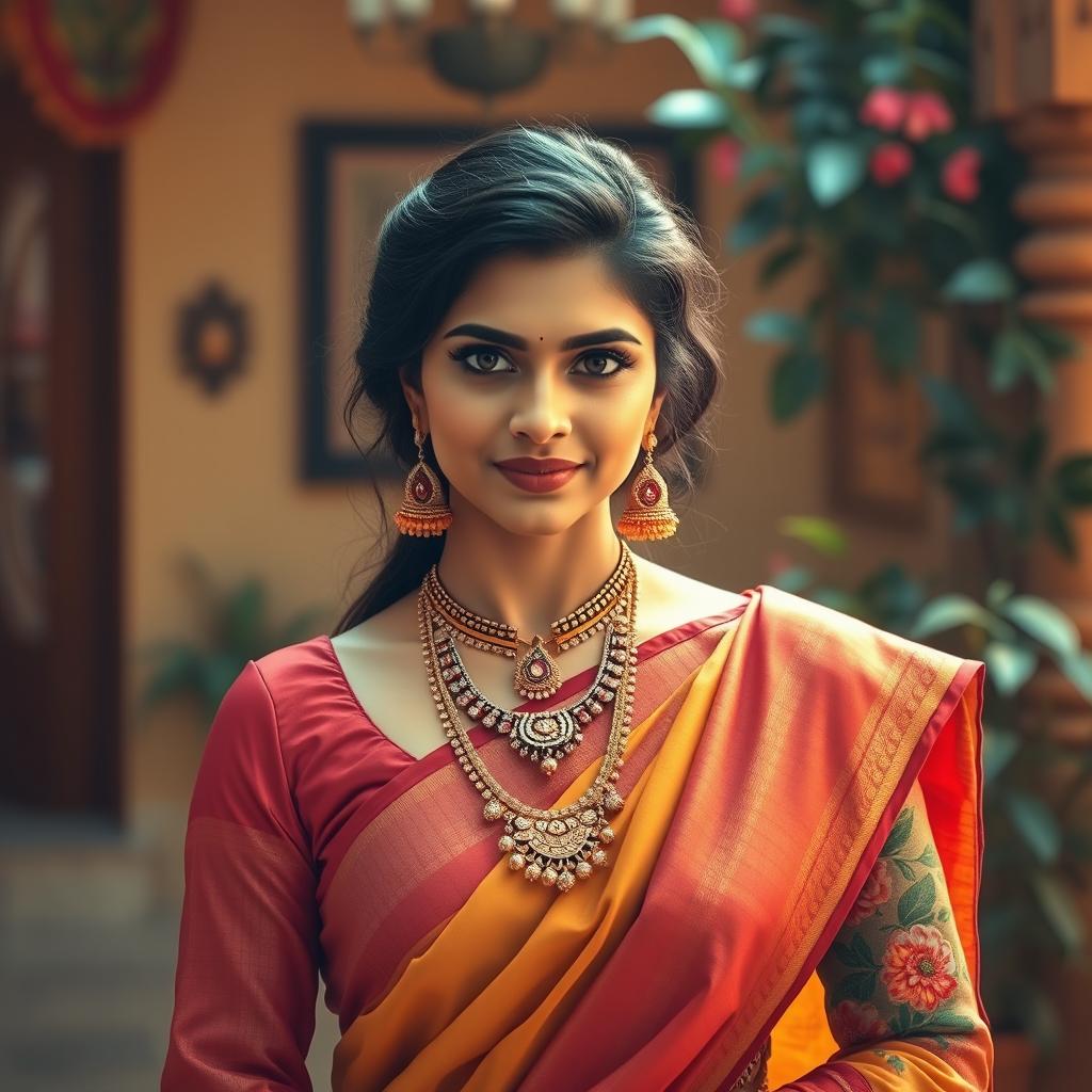 An artistic portrayal of a traditional Indian woman exuding confidence and grace, dressed in a fashionable yet culturally inspired outfit that creatively blends modern and traditional elements