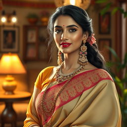 An artistic portrayal of a traditional Indian woman exuding confidence and grace, dressed in a fashionable yet culturally inspired outfit that creatively blends modern and traditional elements