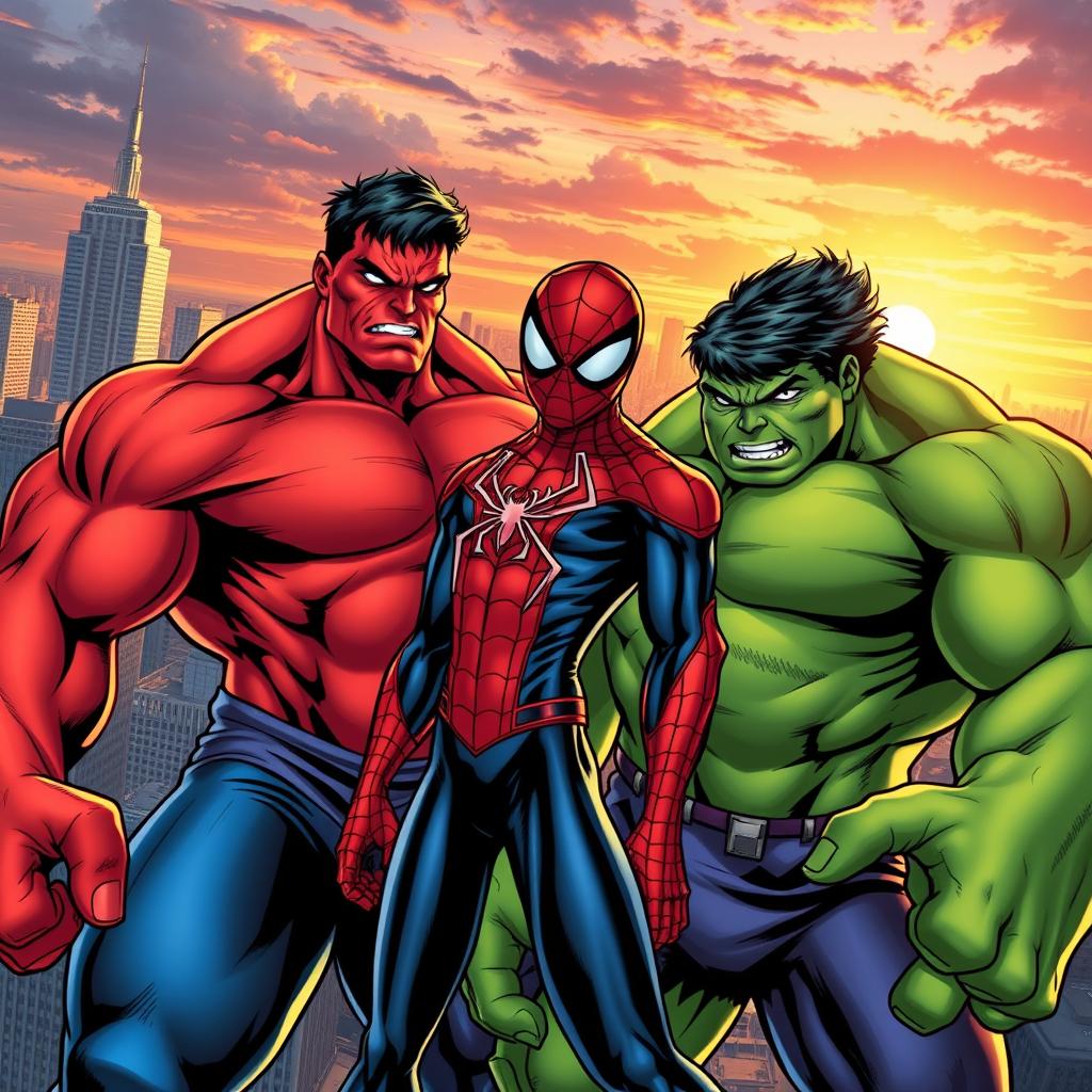 A dynamic comic book scene featuring Red Hulk and Spider-Man teaming up