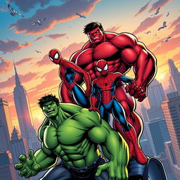 A dynamic comic book scene featuring Red Hulk and Spider-Man teaming up