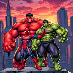 A dynamic comic book scene featuring Red Hulk and Spider-Man teaming up