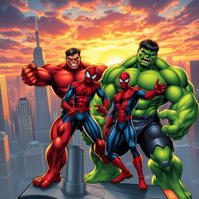 A dynamic comic book scene featuring Red Hulk and Spider-Man teaming up