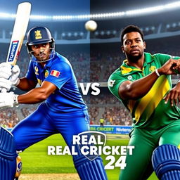An intense and dynamic video game thumbnail featuring Sri Lankan cricketer Pathum Nissanka facing off against South African cricketer Kagiso Rabada in a virtual cricket match within the Real Cricket 24 video game