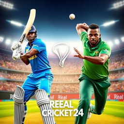 An intense and dynamic video game thumbnail featuring Sri Lankan cricketer Pathum Nissanka facing off against South African cricketer Kagiso Rabada in a virtual cricket match within the Real Cricket 24 video game